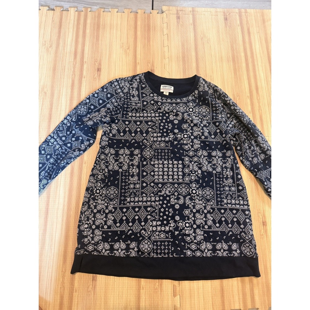 Lands' End Womens XL Size Bandana Print Sweatshirt Tunic Navy Cotton Blend